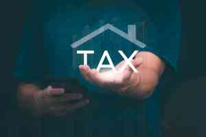 © 418studio / stock.adobe.com Person streckt Hand aus darüber Schriftzug TAX und ein Dach - abstrakt, digital
